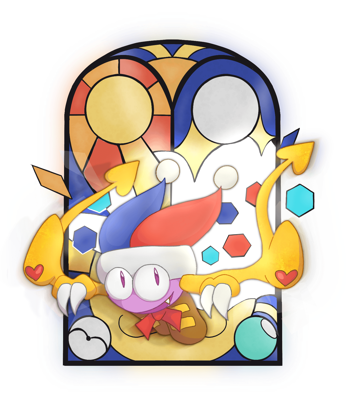 Digital drawing of Marx from Kirby breaking through a stained glass window.