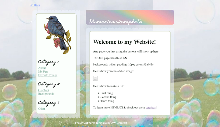 memories layout preview. it shows a lefthand sidebar, and a righthand title and text area