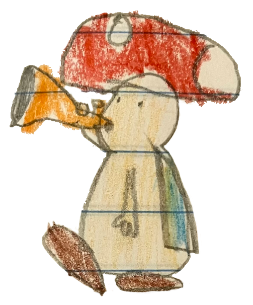 a pencil sketch of toad from mario on lined paper