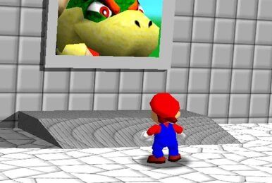 mario standing in a white room. bowser's face can be seen through a window