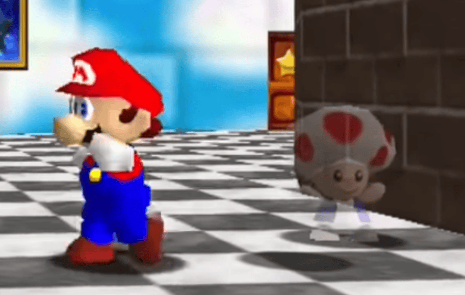 Mario next to a transparent toad